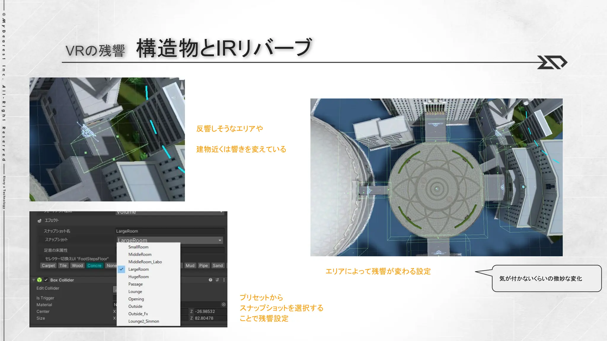 VRの残響 構造物とIRリバーブ
エリアによって残響が変わる設定
反響しそうなエリアや
建物近くは響きを変えている
プリセットから
スナップショットを選択する
ことで残響設定
気が付かないくらいの微妙な変化
 