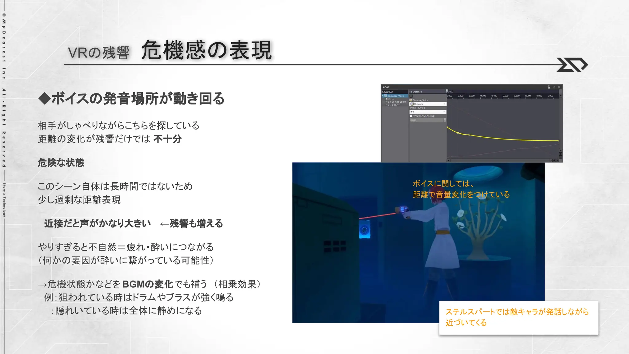 VRの残響 危機感の表現
◆ボイスの発音場所が動き回る
相手がしゃべりながらこちらを探している
距離の変化が残響だけでは 不十分
危険な状態
このシーン自体は長時間ではないため
少し過剰な距離表現
近接だと声がかなり大きい ←残響も増える
やりすぎると不自然＝疲れ・酔いにつながる
（何かの要因が酔いに繋がっている可能性）
→危機状態かなどを BGMの変化でも補う （相乗効果）
例：狙われている時はドラムやブラスが強く鳴る
：隠れいている時は全体に静めになる
ボイスに関しては、
距離で音量変化をつけている
ステルスパートでは敵キャラが発話しながら
近づいてくる
 