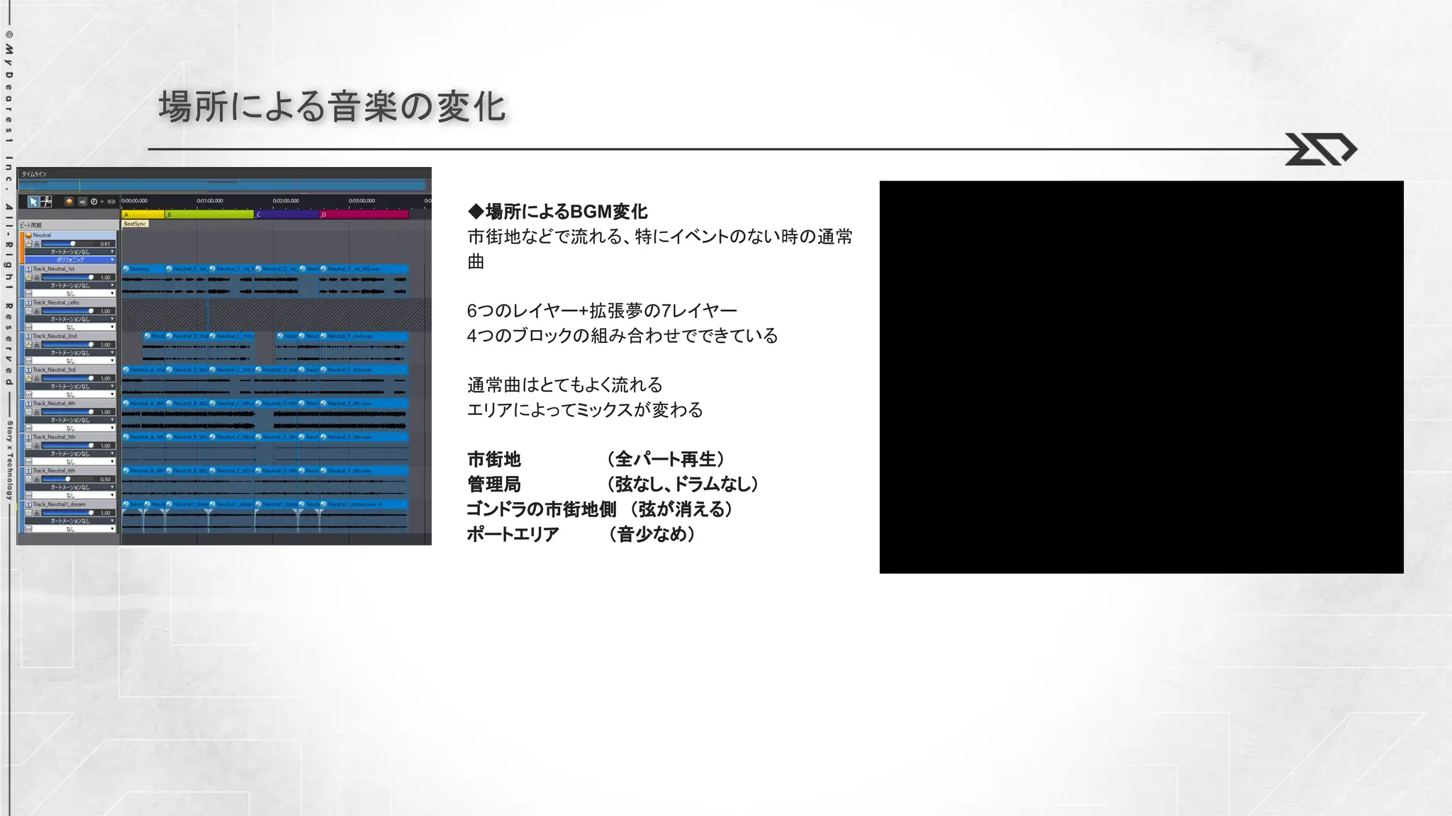 場所による音楽の変化
◆場所によるBGM変化
市街地などで流れる、特にイベントのない時の通常
曲
6つのレイヤー+拡張夢の7レイヤー
4つのブロックの組み合わせでできている
通常曲はとてもよく流れる
エリアによってミックスが変わる
市街地 （全パート再生）
管理局 （弦なし、ドラムなし）
ゴンドラの市街地側 （弦が消える）
ポートエリア （音少なめ）
 