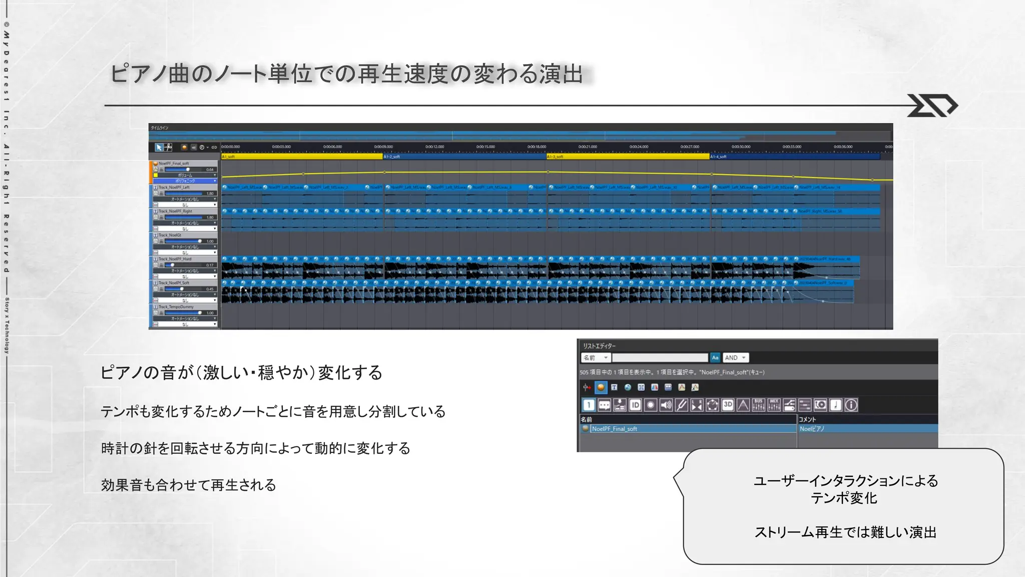 ピアノ曲のノート単位での再生速度の変わる演出
ピアノの音が（激しい・穏やか）変化する
テンポも変化するためノートごとに音を用意し分割している
時計の針を回転させる方向によって動的に変化する
効果音も合わせて再生される ユーザーインタラクションによる
テンポ変化
ストリーム再生では難しい演出
 