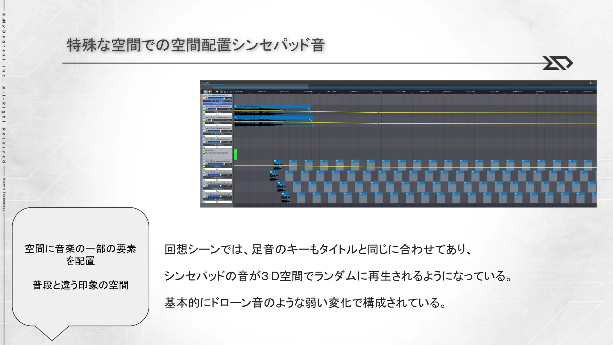 特殊な空間での空間配置シンセパッド音
回想シーンでは、足音のキーもタイトルと同じに合わせてあり、
シンセパッドの音が３ D空間でランダムに再生されるようになっている。
基本的にドローン音のような弱い変化で構成されている。
空間に音楽の一部の要素
を配置
普段と違う印象の空間
 