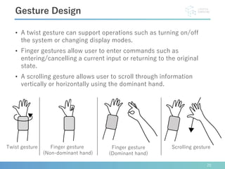 • A twist gesture can support operations such as turning on/off
the system or changing display modes.
• Finger gestures allow user to enter commands such as
entering/cancelling a current input or returning to the original
state.
• A scrolling gesture allows user to scroll through information
vertically or horizontally using the dominant hand.
20
Gesture Design
Scrolling gestureTwist gesture Finger gesture
(Dominant hand)
Finger gesture
(Non-dominant hand)
 