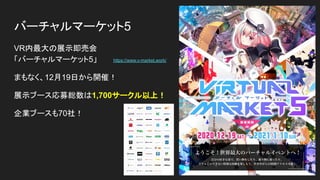バーチャルマーケット5
VR内最大の展示即売会
「バーチャルマーケット5」
まもなく、12月19日から開催！
展示ブース応募総数は1,700サークル以上！
企業ブースも70社！
https://www.v-market.work/
 