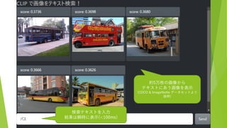 約5万枚の画像から
テキストにあう画像を表示
(COCO & ImageNette データセットより
抜粋)
検索テキストを入力
結果は瞬時に表示(<100ms)
 