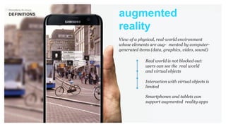 Demistifying the Jargon
DEFINITIONS
Au
Re
augmented
reality
View of a physical, real-world environment
whose elements are aug- mented by computer-
generated items (data, graphics, video, sound)
Real world is not blocked out:
users can see the real world
and virtual objects
Interaction with virtual objects is
limited
Smartphones and tablets can
support augmented reality apps
 