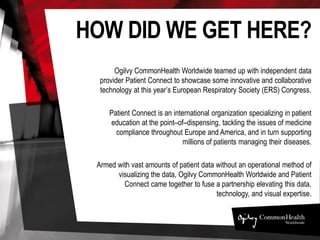 HOW DID WE GET HERE?
Ogilvy CommonHealth Worldwide teamed up with independent data
provider Patient Connect to showcase some innovative and collaborative
technology at this year’s European Respiratory Society (ERS) Congress.
Patient Connect is an international organization specializing in patient
education at the point–of–dispensing, tackling the issues of medicine
compliance throughout Europe and America, and in turn supporting
millions of patients managing their diseases.
Armed with vast amounts of patient data, Ogilvy CommonHealth
Worldwide and Patient Connect came together to fuse a partnership
elevating this data, technology, and visual expertise.
 
