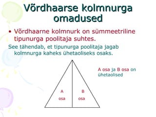 Võrdhaarse kolmnurga omadused Võrdhaarne kolmnurk on sümmeetriline tipunurga poolitaja suhtes. See tähendab, et tipunurga poolitaja jagab kolmnurga kaheks ühetaoliseks osaks.  A  osa B osa A osa  ja  B osa  on ühetaolised 