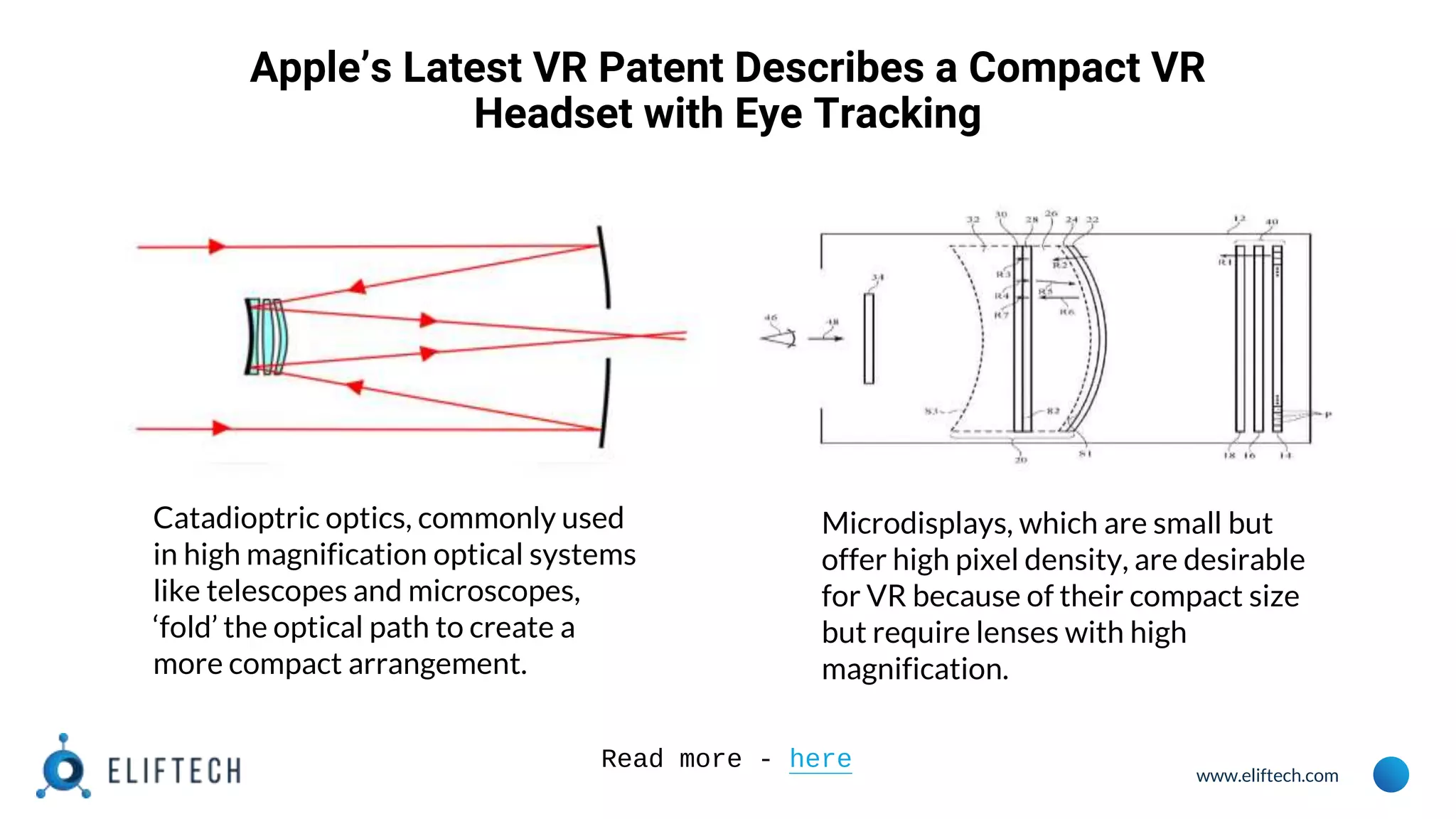 www.eliftech.com
Apple’s Latest VR Patent Describes a Compact VR
Headset with Eye Tracking
Catadioptric optics, commonly used
in high magnification optical systems
like telescopes and microscopes,
‘fold’ the optical path to create a
more compact arrangement.
Microdisplays, which are small but
offer high pixel density, are desirable
for VR because of their compact size
but require lenses with high
magnification.
Read more - here
 