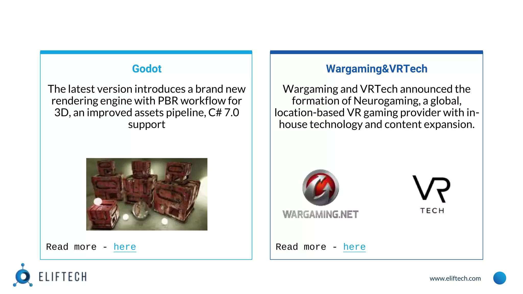 www.eliftech.com
Godot
The latest version introduces a brand new
rendering engine with PBR workflow for
3D, an improved assets pipeline, C# 7.0
support
Wargaming&VRTech
Wargaming and VRTech announced the
formation of Neurogaming, a global,
location-based VR gaming provider with in-
house technology and content expansion.
Read more - here Read more - here
 