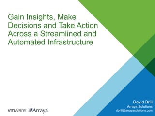 Gain Insights, Make 
Decisions and Take Action 
Across a Streamlined and 
Automated Infrastructure 
David Brill 
Arraya Solutions 
dbrill@arrayasolutions.com 
 