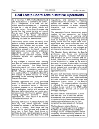 Page 6                                        VREB SPEAKING                        www.dpor.virginia.gov



    Real Estate Board Administrative Operations
As of November 1, 2009, the Real Estate Board         regulations, and continuing education
(the Board) licensed or certified 13,259 brokers,     requirements are not uncommon. The Licensing
47,873 salespersons, 6,321 firms, 466 pre-            Section also handles all calls concerning
license education instructors and 141 proprietary     licensing examinations, PSI Exams, reciprocal
schools for a total of 68,060 license and             licensure, and pre-license education
certificate holders. Some Board licensees may         requirements.
wonder how their various licensing and renewal
fees are used. A large portion of these fees are      The fingerprinting/criminal history record search
used to pay for the Board’s Administrative            required for new salesperson and broker
operations, which are divided into three sections:    applicants has added to Licensing staff’s
Licensing, Education and Administration.              workload as incoming applications to the Board
                                                      must be matched up with incoming criminal
The Licensing Section handles the majority of the     history records from the Virginia State Police.
Board’s incoming paperwork and phone calls.           Applications with criminal convictions must be
Licensing staff receives and processes         the    reviewed by staff to determine whether the
various salesperson, broker and firm license          applicant can be licensed or must go though an
applications received by the Board. Licensing         administrative hearing process before the Board.
staff also handles license activation and transfer
applications, address and name change                 The Education Section administers the Board’s
requests, license certification requests, license     pre-license, post license and continuing
inactivation requests, and supervising broker         education programs. Education staff receives
change forms.                                         and processes all school, instructor and pre-
                                                      license, post license, and continuing education
It may be helpful to know that Board Licensing        course applications for review by the Board’s
staff does not handle or process cash, checks or      Education Committee. The Education Committee
credit card payments.      The DPOR Finance           then reviews all applications and recommends
Section handles all cash, checks and credit card      school, instructor and course approval or denial
payments for the 18 regulatory boards within          to the Board, which makes all final education
DPOR. Whenever paperwork with cash, check             application decisions.
or a credit card form is mailed to the Board it is
                                                      Education staff downloads electronic continuing
first directed to DPOR Finance for money
                                                      and post license education course completion
processing and the remaining paperwork is then
                                                      information received from Board-approved
directed to the Board.
                                                      education providers to the individual broker and
Complete applications are usually processed           salesperson license records in the Board’s
within 2-3 business days with the appropriate         database.      This course completion information
license or certification issued or transaction        is reflected the next business day on each
completed. However, as you might expect, many         individual license record on the DPOR public
of the applications received and processed by         website under the “License Look-up” option at:
Licensing staff are incomplete and require return     www.dpor.virginia.gov.
correspondence informing the applicant of the         Education staff also receives dozens of phone
missing application elements.             These       calls each day. Most of these calls are from
applications are then placed in the Board’s           licensees who have questions regarding their
“incomplete application” file.                        continuing education or post license education
Licensing staff receives hundreds of phone calls      requirement or whether courses they have
each day from license applicants, current             completed have been posted with the Board.
licensees and members of the public touching on       The Board’s Administration Section is
a myriad of subjects. Most phone calls are            responsible for overall supervision of all Board
related to the initial licensure and renewal of       functions, sets up and administers all Board
some type of Real Estate Board license or             meetings, ensures licensee compliance with all
certificate, but calls regarding complaints against   disciplinary actions assessed by the Board, and
licensees, questions about the Board’s laws and       oversees the Board’s regulatory review process.
 