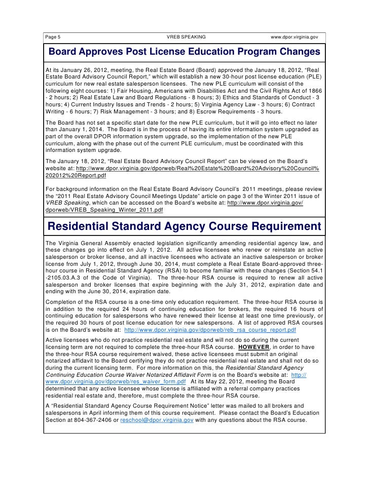 Virginia Real Estate Board Newsletter Spring 2012