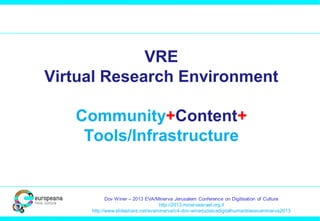 VRE
Virtual Research Environment
Community+Content+
Tools/Infrastructure

Dov Winer – 2013 EVA/Minerva Jerusalem Conference on Digitisation of Culture
http://2013.minervaisrael.org.il
http://www.slideshare.net/evaminerva/c4-dov-winerjudaicadigitalhumanitiesevaminerva2013

 