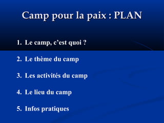 Camp pour la paix : PLAN Le camp, c’est quoi ? Le thème du camp Les activités du camp Le lieu du camp  Infos pratiques 