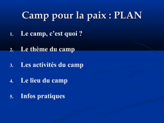 Camp pour la paix : PLAN Le camp, c’est quoi ? Le thème du camp Les activités du camp Le lieu du camp  Infos pratiques 
