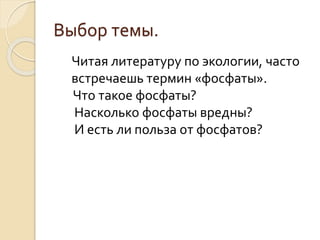 Выбор темы.
Читая литературу по экологии, часто
встречаешь термин «фосфаты».
Что такое фосфаты?
Насколько фосфаты вредны?
И есть ли польза от фосфатов?
 