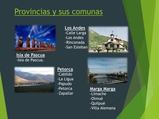 Provincias y sus comunas
Isla de Pascua
-Isla de Pascua.
Los Andes
-Calle Larga
-Los Andes
-Rinconada
-San Esteban
Petorca
-Cabildo
-La Ligua
-Papudo
-Petorca
-Zapallar
Marga Marga
-Limache
-Olmué
-Quilpué
-Villa Alemana
 