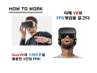 이제 VR로
FPS게임을 즐긴다
GearVR과 스마트폰을
활용한 1인칭 FPS!
How to work
 