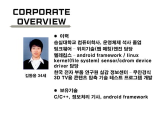 Corporate
Overview
 이력
숭실대학교 컴퓨터학사, 운영체제 석사 졸업
팅크웨어 – 위치기술(맵 매칭)엔진 담당
텔레칩스 – android framework / linux
kernel(file system) sensor/cdrom device
driver 담당
한국 전자 부품 연구원 실감 정보센터 – 무안경식
3D TV용 콘텐츠 압축 기술 테스트 프로그램 개발
 보유기술
C/C++, 정보처리 기사, android framework
김동웅 34세
 