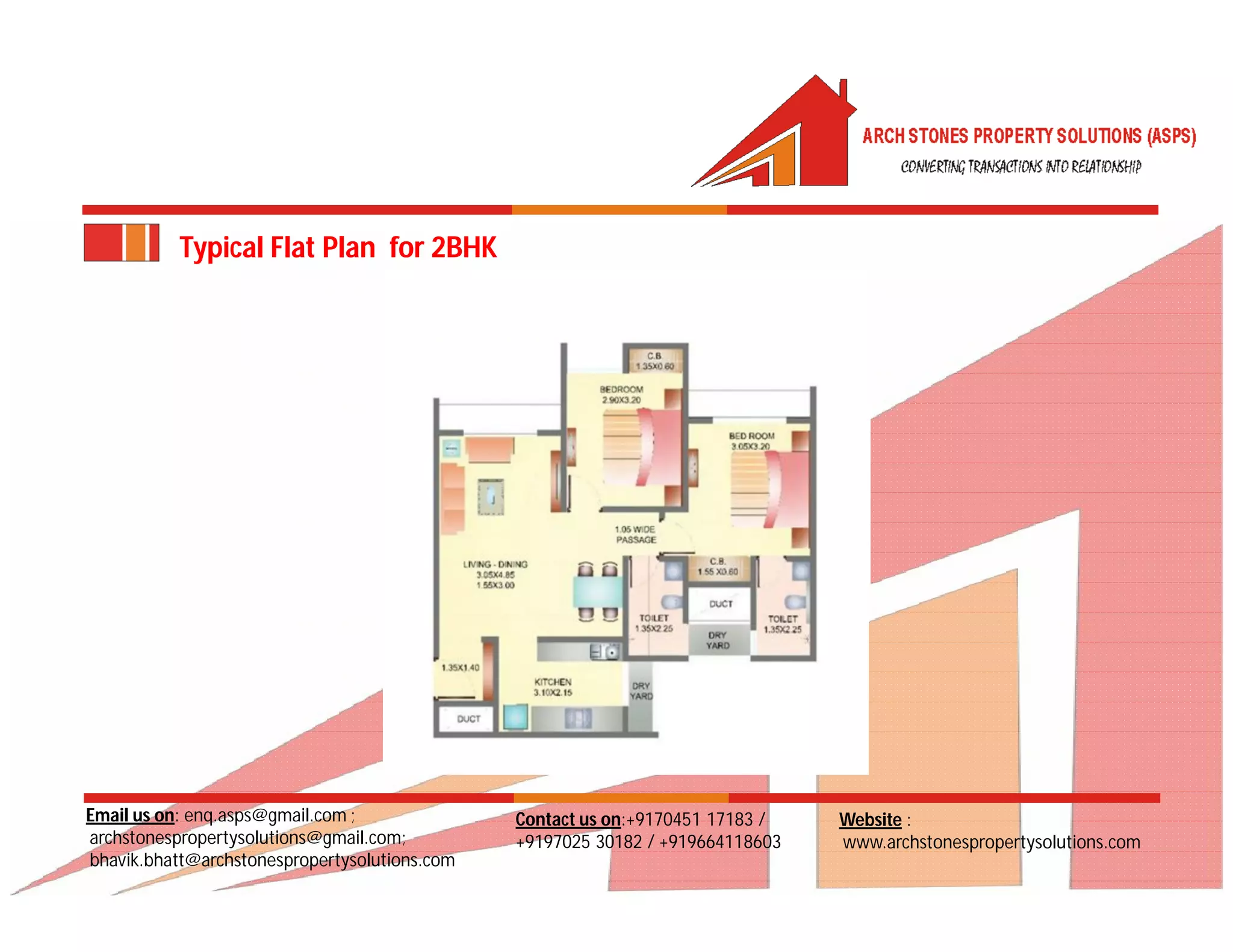 Email us on: enq.asps@gmail.com ;
archstonespropertysolutions@gmail.com;
bhavik.bhatt@archstonespropertysolutions.com
Website :
www.archstonespropertysolutions.com
Contact us on:+9170451 17183 /
+9197025 30182 / +919664118603
Typical Flat Plan for 2BHK
 