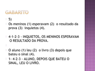  5)
 Os meninos (1) esperavam (2) o resultado da
prova (3) inquietos (4).
 4-1-2-3 - INQUIETOS, OS MENINOS ESPERAVAM
O RESULTADO DA PROVA.
  
 O aluno (1) leu (2) o livro (3) depois que
bateu o sinal (4).
 1- 4-2-3 - ALUNO, DEPOIS QUE BATEU O
SINAL, LEU O LIVRO.
 