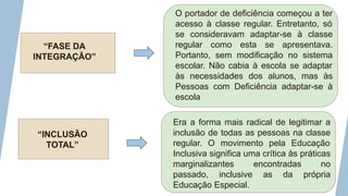 “FASE DA
INTEGRAÇÃO”
“INCLUSÃO
TOTAL”
O portador de deficiência começou a ter
acesso à classe regular. Entretanto, só
se consideravam adaptar-se à classe
regular como esta se apresentava.
Portanto, sem modificação no sistema
escolar. Não cabia à escola se adaptar
às necessidades dos alunos, mas às
Pessoas com Deficiência adaptar-se à
escola
Era a forma mais radical de legitimar a
inclusão de todas as pessoas na classe
regular. O movimento pela Educação
Inclusiva significa uma crítica às práticas
marginalizantes encontradas no
passado, inclusive as da própria
Educação Especial.
 