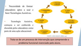 - Necessidade de formar
educadores aptos a usar e
fazer Tecnologias Assistivas.
- Tecnologia Assistiva,
começou a ser conhecida e
discutida pelos educadores como
parte de uma ação educacional.
Trata-se de um processo de intervenção que compreende o
problema funcional vivenciado pelo aluno.
 