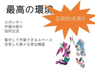 最高の環境
スポンサー
声優の紹介
技術交流
集中して作業できるスペース
充実した様々な貸出機器
圧倒的成長!!
 