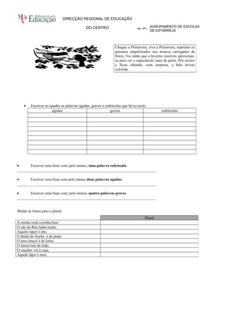 DIRECÇÃO REGIONAL DE EDUCAÇÃO 
DO CENTRO 
· Escrever no quadro as palavras agudas, graves e esdrúxulas que há no texto. 
AGRUPAMENTO DE ESCOLAS 
DE ESTARREJA 
agudas graves esdrúxulas 
· Escrever uma frase com, pelo menos, uma palavra esdrúxula 
_________________________________________________________________________ 
· Escrever uma frase com pelo menos duas palavras agudas. 
_________________________________________________________________________ 
· Escrever uma frase com, pelo menos, quatro palavras graves 
_________________________________________________________________________ 
Mudar as frases para o plural. 
Chegou a Primavera, viva a Primavera, repetiam os 
pássaros empoleirados nos troncos carregados de 
flores. Foi então que o Inverno resolveu aproximar-se 
para ver o espectáculo mais de perto. Pôs óculos 
e ficou olhando, com surpresa, a bela árvore 
colorida. 
Plural 
A minha irmã cozinha bem. 
O cão da Rita ladra muito. 
Aquele rapaz é alto. 
O dedal da Nucha é de prata. 
O meu lençol é de linho. 
O farnel tem de tudo. 
O caçador vai à caça. 
Aquele lápis é meu. 
Direcção Regional de Educação do Centro 
 