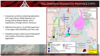 Nechalacho
REE Mine
(Vital Metals)
Li-FT
Power
Li-FT
Power
GAMA
11
Patriot (40%)
Loyal (60%)
Midas Minerals
Ion
Energy
Trinex
Prestige
Lithium
DeStaffany
Project
YELLOWKNIFE PEGMATITE PROVINCE (YPP)
• Companies currently conducting exploration:
LiFT, Loyal Lithium, Midas Minerals, Ion
Energy, Patriot Battery Metals, Gama
Explorations, Prestige Lithium, Fortescue
• NAR team has past Li, Ta and REE experience
in the region with DeStaffany and Thor Lake
• DeStaffany Project 115km East of Yellowknife
and includes at least four spodumene
pegmatites
Australian Co.
Canadian Co.
Trinex
 