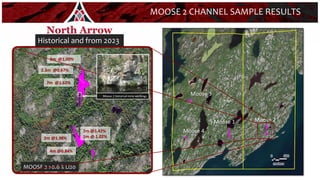 4m @0.84%
2m @1.42%
1m @ 1.02%
7m @1.62%
2.3m @0.67%
3m @1.00%
2m @1.98%
MOOSE 2 >0.6 % Li20
MOOSE 2 CHANNEL SAMPLE RESULTS
14
Moose 2
Moose 1
Moose 3
Moose 4
Historical and from 2023
 
