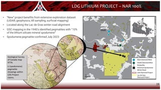 19
Geological Survey
of Canada map
977A.
Li (spodumene)
pegmatite
showings within
LDG Project
claims.
LDG LITHIUM PROJECT – NAR 100%
• “New” project benefits from extensive exploration dataset
(LIDAR; geophysics, till sampling, surficial mapping)
• Located along the Lac de Gras winter road alignment
• GSC mapping in the 1940’s identified pegmatites with “10%
of the lithium silicate mineral spodumene”
• Spodumene pegmatite confirmed July 2023
 