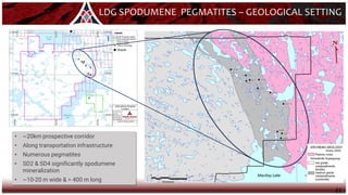 21
Diavik
x
x
xx
x
x
MacKay Lake
LDG SPODUMENE PEGMATITES – GEOLOGICAL SETTING
• ~20km prospective corridor
• Along transportation infrastructure
• Numerous pegmatites
• SD2 & SD4 significantly spodumene
mineralization
• ~10-20 m wide & > 400 m long
 