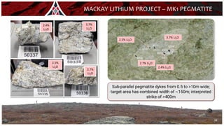 34
MACKAY LITHIUM PROJECT – MK1 PEGMATITE
Sub-parallel pegmatite dykes from 0.5 to >10m wide;
target area has combined width of ~150m; interpreted
strike of >400m
Li2O
2.4%
Li2O
3.7%
Li2O
2.5%
Li2O
2.7%
Li2O
2.4% Li2O
2.7% Li2O
3.7% Li2O
2.5% Li2O
50173
50174
50335
50171
50172
50336
50337
50168
50338
50167
50169
50170
 