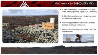 37
MACKAY– NEW DISCOVERY MK3
• 4.5 km east of MK1, a prominent 15 to 20m
wide, white pegmatite exposure, ~ 130m long
• 2-30cm long spodumene crystals are present
throughout the exposure.
• Remains open to the west where it extends
beneath extensive overburden.
• Consistent lithium assays including 2.1% Li2O
over 4 metres.
37
 