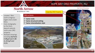 44
Doris
deposit
Doris Mine
Photo: www.tmacresources.com
HopeBay OroProperty
Doris Mountain
• Located ~3km
north of Agnico
Eagle’s Doris Gold
Mine.
• Host stratigraphy
to the Doris
deposit extends
north onto ORO
property.
• Multiple showings
including Ida Point
5.48 g/t over 5.96
m; 8.0 g/t over
4.2m.
4 km
ORO vs Doris:
✓ Same rocks
✓ Same structural setting
✓ Same mineralization style
Doris northern
most drill
collar*
Ida Point Showing
Hope Bay ORO Property
HOPE BAY ORO PROPERTY, NU
 