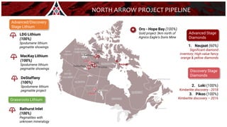 7
NORTH ARROW PROJECT PIPELINE
DeStaffany 3
Advanced/Discovery
Stage Lithium
Grassroots Lithium
Mackay
2
Bathurst Inlet
(100%)
Pegmatites with
unknown mineralogy
4
1 LDG
2 MacKay Lithium
(100%)
Spodumene lithium
pegmatite showings
DeStaffany
(100%)
Spodumene lithium
pegmatite project
3
4
Bathurst
1 LDG Lithium
(100%)
Spodumene lithium
pegmatite showings
Naujaat
1
1. Naujaat (60%)
Significant diamond
inventory; High-value fancy
orange & yellow diamonds
Advanced Stage
Diamonds
Oro
Oro - Hope Bay (100%)
Gold project 3km north of
Agnico Eagle’s Doris Mine
Discovery Stage
Diamonds
2
Loki
3
2. Loki (100%)
Kimberlite discovery - 2018
3. Pikoo (100%)
Kimberlite discovery – 2016
Pikoo
 