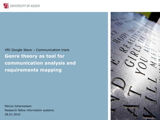 VRI Google Wave – Communication track

Genre theory as tool for
communication analysis and
requirements mapping




Marius Johannessen
Research fellow information systems
28.01.2010
 