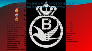 AS-DUIF KLEINE ½ FOND JONGE DUIVEN 2020
AS-PIGEON PETIT ½ FOND PIGEONNEAUX 2020
4. Vrancken - Berden Kuringen
5. Rens Gerard Herselt
6. N. De Weerd - Berckmoes Lille
7. Vanhoudt - Serre Diest
8. Van Laere José Kruishoutem
9. Vosters Patrick Turnhout
10. De Bisschop Kris & Lieselotte Essene
11. Heylen Wilfried Itegem
12. Tombeur Luc Pellenberg
13. Hok Van de Wouwer Berlaar
14. Van Der Auwera Guy Wuustwezel
15. De Wolf Honoré Lebbeke
16. Van Haute André Moerzeke
17. De Bisschop Kris & Lieselotte Essene
1. Claeskens Jo Willebroek
2. Filipovics Adela en DaniëlLiedekerke
3. Prinsen Mario Tongerlo (Antw.)
18. N. De Weerd - Berckmoes Lille
19. De Meulemeester Johan Zulte
20. Lenaerts Jozef Pulderbos
21. N. De Weerd - Berckmoes Lille
22. N. De Weerd - Berckmoes Lille
23. Marien Hans Denderhoutem
24. Van Asbroeck Tom Eppegem
25. De Neve Marnick Aalter
26. Ceusters Tamara Vorselaar
27. Bos Caroline Bolderberg-Zolder
 