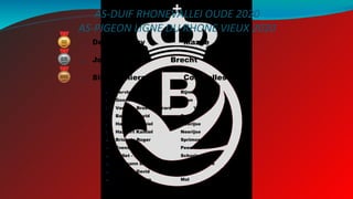 AS-DUIF RHONEVALLEI OUDE 2020
AS-PIGEON LIGNE DU RHONE VIEUX 2020
1. Delfosse Guy Mazée
2. Joosen Jos Brecht
3. Sibille Thierry Courcelles
4. Vervloesem Patrick Rijmenam
5. Goossens - Druart Hyon
6. Van den Broeck Gérard Vitrival
7. Baudart David Dailly
8. Hazaert Kamiel Neerijse
9. Hazaert Kamiel Neerijse
10. Brisbois Roger Sprimont
11. Evens Jean Peer
12. Collet - Dubois Schorisse
13. Ballmann Dieter Amel/Ambleve
14. Baudart David Dailly
15. Verkoeyen Yvo Mol
 
