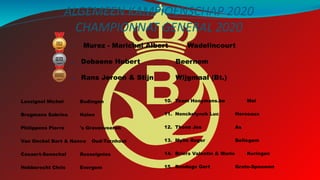 ALGEMEEN KAMPIOENSCHAP 2020
CHAMPIONNAT GENERAL 2020
4. Lossignol Michel Budingen
5. Brugmans Sabrina Halen
6. Philippens Pierre 's Gravenvoeren
7. Van Oeckel Bart & Nance Oud-Turnhout
8. Casaert-Senechal Russeignies
9. Hebberecht Chris Evergem
1. Murez - Marichal Albert Wadelincourt
2. Debaene Hubert Beernem
3. Rans Jeroen & Stijn Wijgmaal (Bt.)
10. Team Hooymans.be Mol
11. Nonckelynck Luc Herseaux
12. Thoné Jos As
13. Mylle Roger Bellegem
14. Briers Valentin & Mario Kuringen
15. Rondags Gert Grote-Spouwen
 