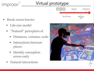 • Break screen barrier
• Life-size model
• “Natural” perception of
• Distances, volumes, scale
• Interactions between
pieces
• Identify conception
errors early
• Natural interactions
Virtual prototype
 