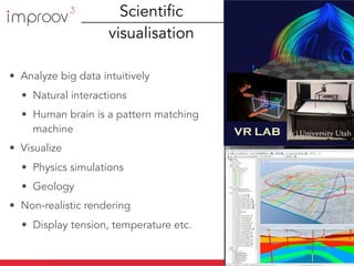 Scientific
visualisation
• Analyze big data intuitively
• Natural interactions
• Human brain is a pattern matching
machine
• Visualize
• Physics simulations
• Geology
• Non-realistic rendering
• Display tension, temperature etc.
(c) University Utah
 