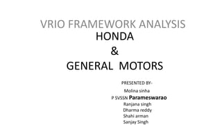 VRIO FRAMEWORK ANALYSIS
         HONDA
           &
    GENERAL MOTORS
              PRESENTED BY-
                 Molina sinha
           P SVSSN Parameswarao
                 Ranjana singh
                Dharma reddy
                Shahi arman
                Sanjay Singh
 