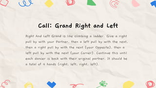 Call: Grand Right and Left
Right And Left Grand is like climbing a ladder. Give a right
pull by with your Partner, then a left pull by with the next,
then a right pull by with the next (your Opposite), then a
left pull by with the next (your Corner). Continue this until
each dancer is back with their original partner. It should be
a total of 4 hands (right, left, right, left).
 