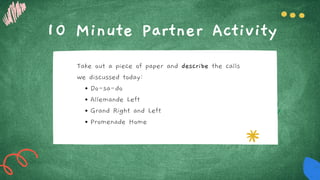 10 Minute Partner Activity
Do-sa-do
Allemande Left
Grand Right and Left
Promenade Home
Take out a piece of paper and describe the calls
we discussed today:
 