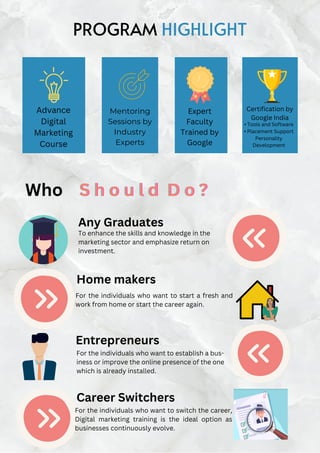 Advance
Digital
Marketing
Course
Mentoring
Sessions by
Industry
Experts
Expert
Faculty
Trained by
Google
Certification by
Google India
• Tools and Software
• Placement Support
Personality
Development
Who S h o u l d
S h o u l d
S h o u l d D o ?
D o ?
D o ?
Any Graduates
PROGRAM HIGHLIGHT
Home makers
Entrepreneurs
Career Switchers
For the individuals who want to switch the career,
Digital marketing training is the ideal option as
businesses continuously evolve.
For the individuals who want to establish a bus-
iness or improve the online presence of the one
which is already installed.
For the individuals who want to start a fresh and
work from home or start the career again.
To enhance the skills and knowledge in the
marketing sector and emphasize return on
investment.
 