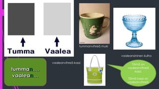 vaaleansininen kulho
tummanvihreä muki
vaaleanvihreä kassi
Tämä on
vaaleanvihreä
kassi.
Tämä kassi on
vaaleanvihreä.
 