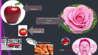 punainen
omena
pinkki/vaaleanpunainen
ruusu
• ruusunpunainen
helakanpunainen
nähdä punaista
lohenpunainen
punainen
tomaatti
 