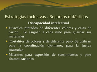 Estrategias inclusivas . Recursos didácticos 
Discapacidad intelectual 
 Huacales pintados de diferentes colores y cajas de 
cartón. Se asignan a cada niño para guardar sus 
materiales. 
 Costalitos de colores y de diferente peso. Se utilizan 
para la coordinación ojo-mano, para la fuerza 
muscular. 
 Máscaras para expresión de sentimientos y para 
dramatizaciones. 
 